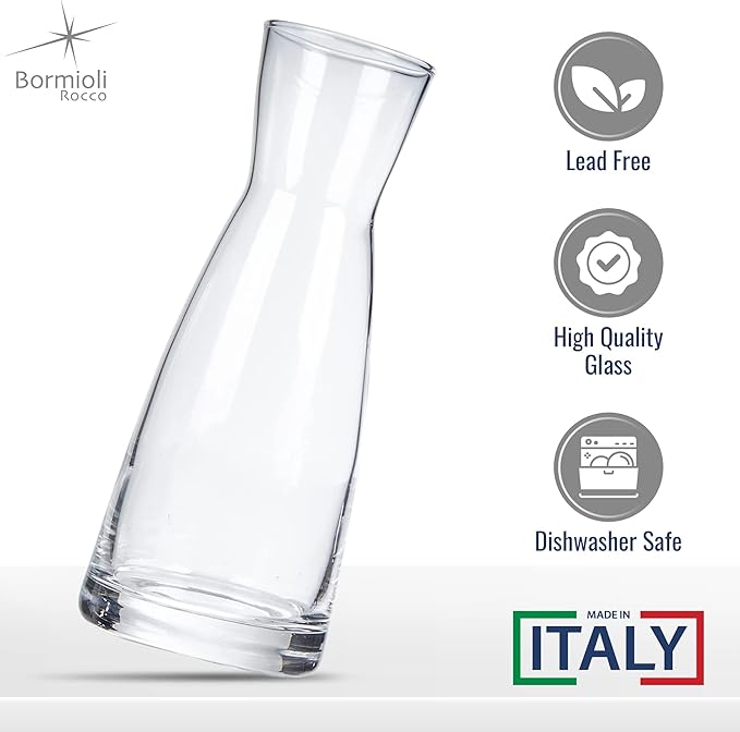 Bormioli Rocco Ypsilon Carafe Set with Cork Lids, Set of 2-36.25 oz Stylish Drink Set for Water, Milk, Juice, or Wine - Dishwasher Safe Modern Glassware for Dining & Entertaining