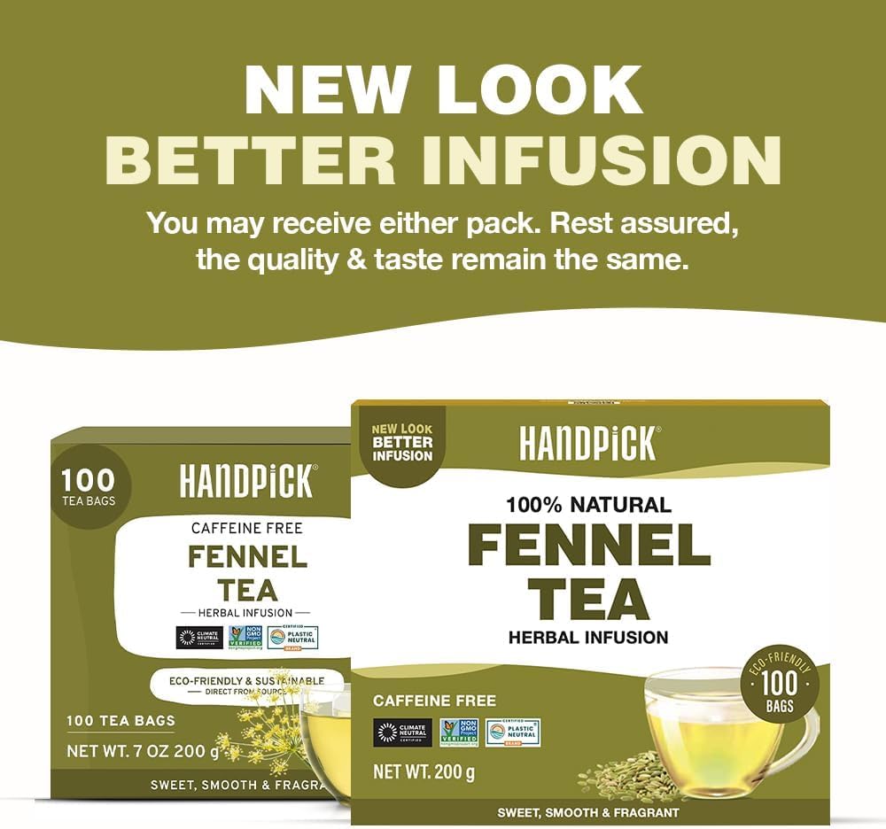 HANDPICK Fennel Seed Tea Bags (100 Count), Authentic Indian Origin with Natural Aroma & Sweetness | 100% Pure, Non GMO & Caffeine Free