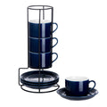 Meichu Cappuccino Cups Set of 4, 8oz Stackable Coffee Cups Set with Saucers and Metal Stand, Blue Coffee Mugs and Saucers for Cappuccino, Latte, Americano and Tea