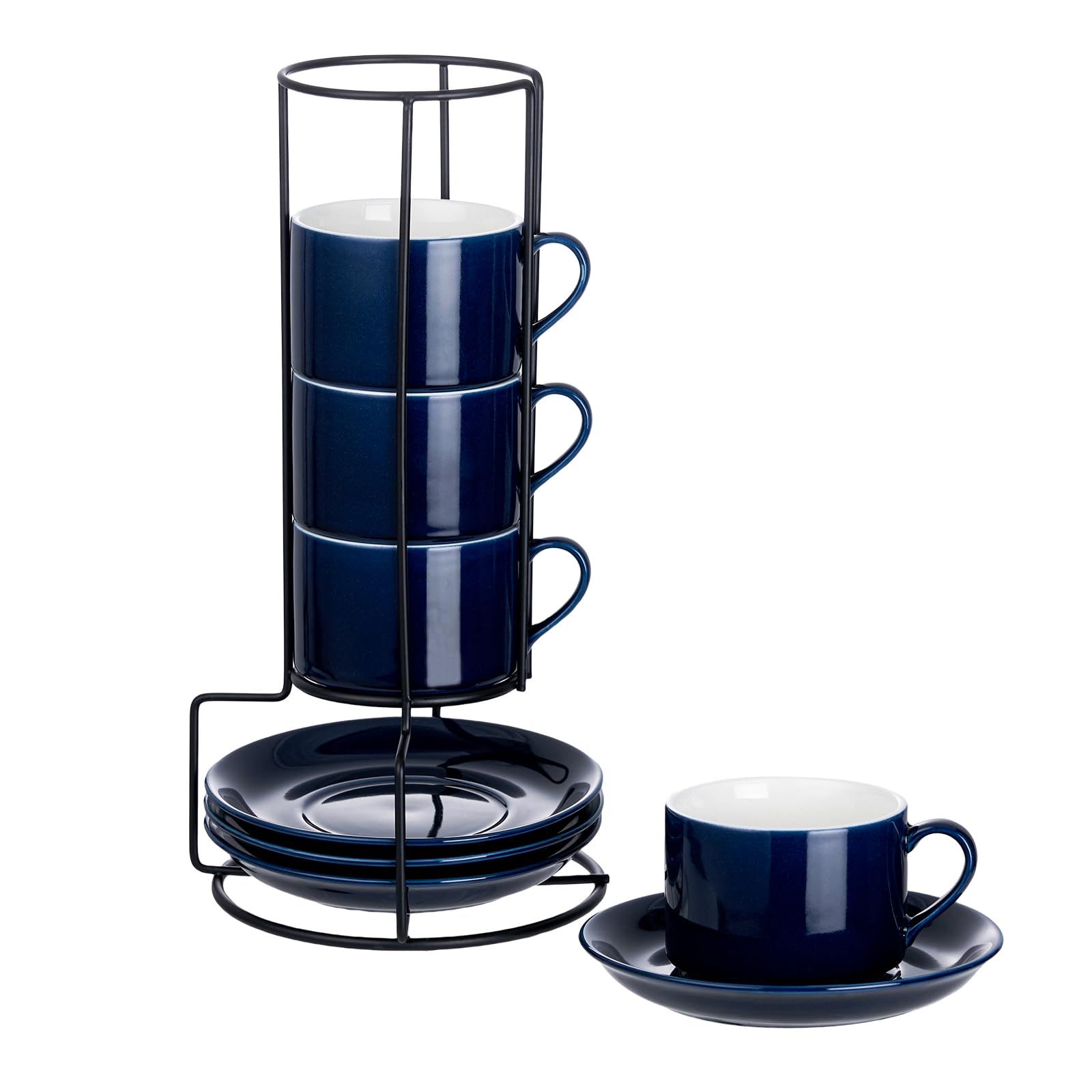 Meichu Cappuccino Cups Set of 4, 8oz Stackable Coffee Cups Set with Saucers and Metal Stand, Blue Coffee Mugs and Saucers for Cappuccino, Latte, Americano and Tea