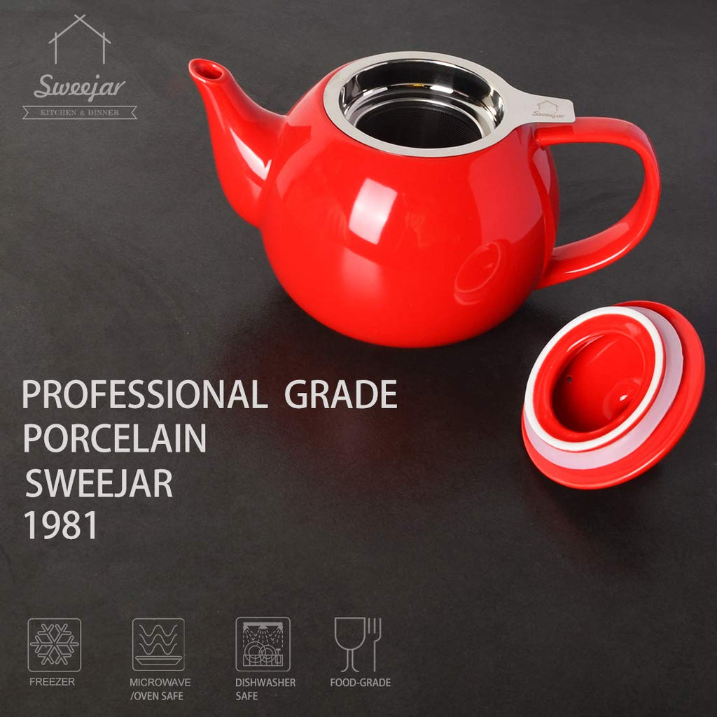 Sweejar Ceramic Tea Pots,30OZ Porcelain Teapot with Infuser(Red)