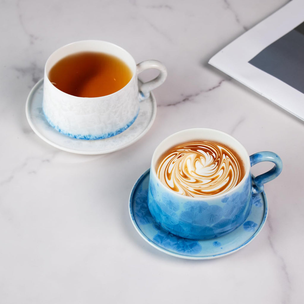 KAMMAK Tea Cups and Saucers Set of 2, 7.5 oz Glaze Coffee Mugs, 724N