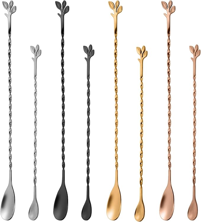 AnSaw Silver 10-Inch Stainless Steel Cocktail Spoon with Leaf Handle - Perfect for Mixing & Layering Drinks in Tall Cups, Bar & Shakers - Durable Long Handle Bar Stirrer,1-Pieces