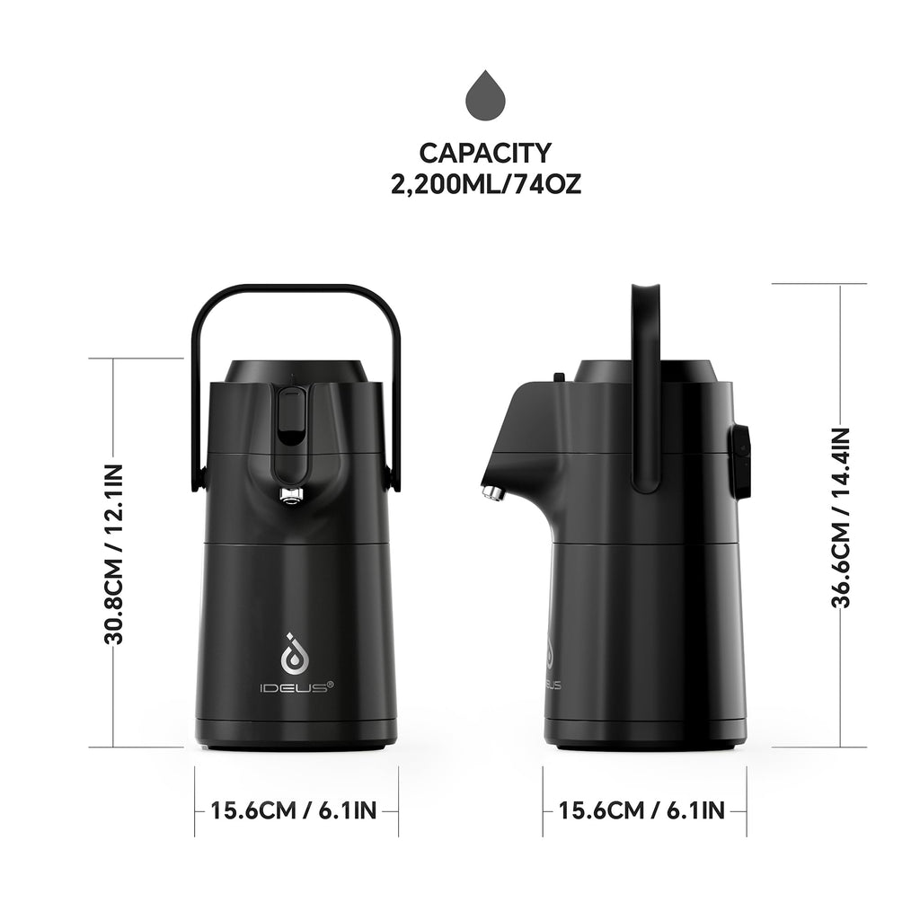 IDEUS Thermal Coffee Carafe 74oz (2,200ml), Stainless Steel Double Wall Insulated Vacuum Flask, Water Jug Coffee Server and Beverage Dispenser, Heat and Cold Retention (Black, 74oz (2,200ml))