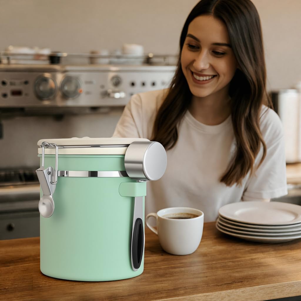 ShanSon Coffee Canister Airtight, Stainless Steel Bean Storage Container with Date Tracker & Scoop, Grounds Sugar Flour Tea Cereal Fits Kitchen Pantry, Ideal Gift for Coffee Lovers,16oz,Green