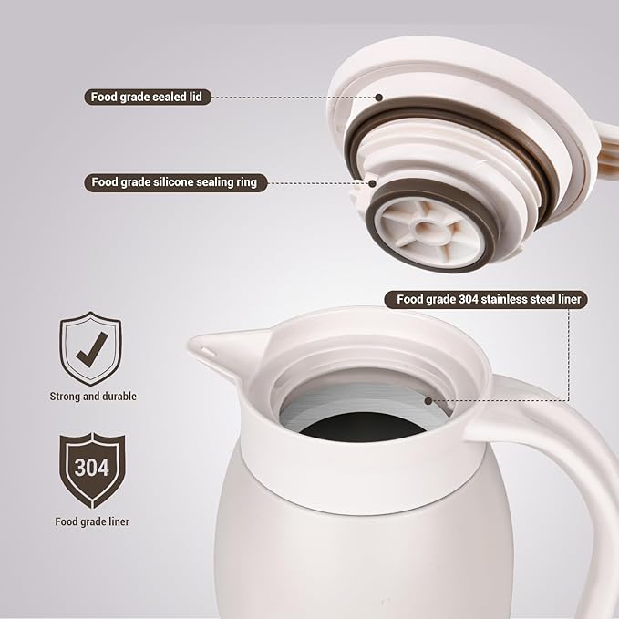 41 Oz Thermal Coffee Carafe Stainless Steel Insulated Thermos Double Wall Vacuum Flask Leak-Proof Thermos for Travel Office School Party Camping Use-Milk rice white