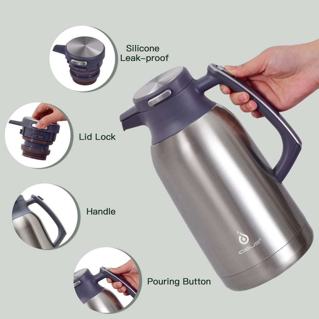 IDEUS Thermal Coffee Carafe, Stainless Steel Double Wall Insulated Vacuum Flask, Water Jug Coffee Server and Beverage Dispenser, Heat and Cold Retention (Metallic, 68, Fluid Ounces)