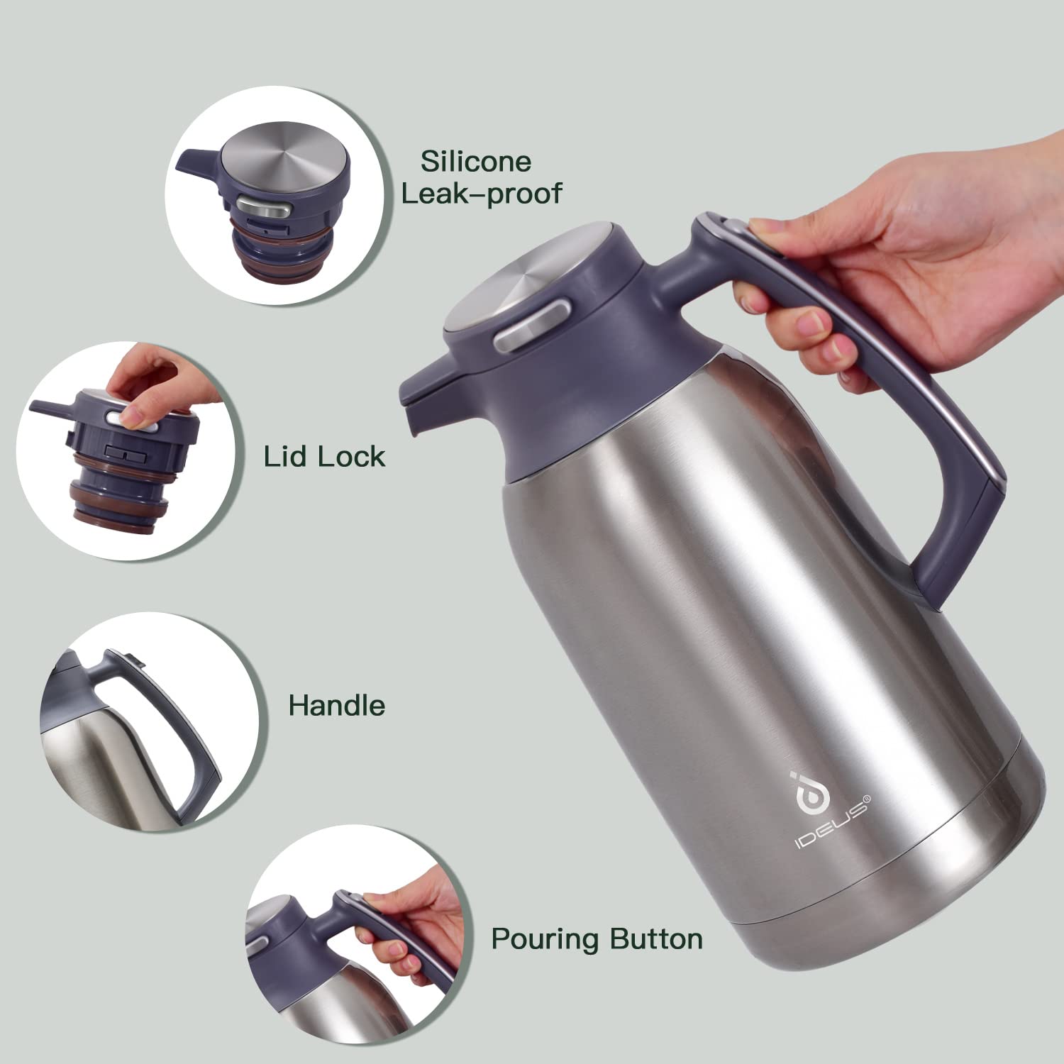 IDEUS Thermal Coffee Carafe, Stainless Steel Double Wall Insulated Vacuum Flask, Water Jug Coffee Server and Beverage Dispenser, Heat and Cold Retention (Metallic, 68, Fluid Ounces)