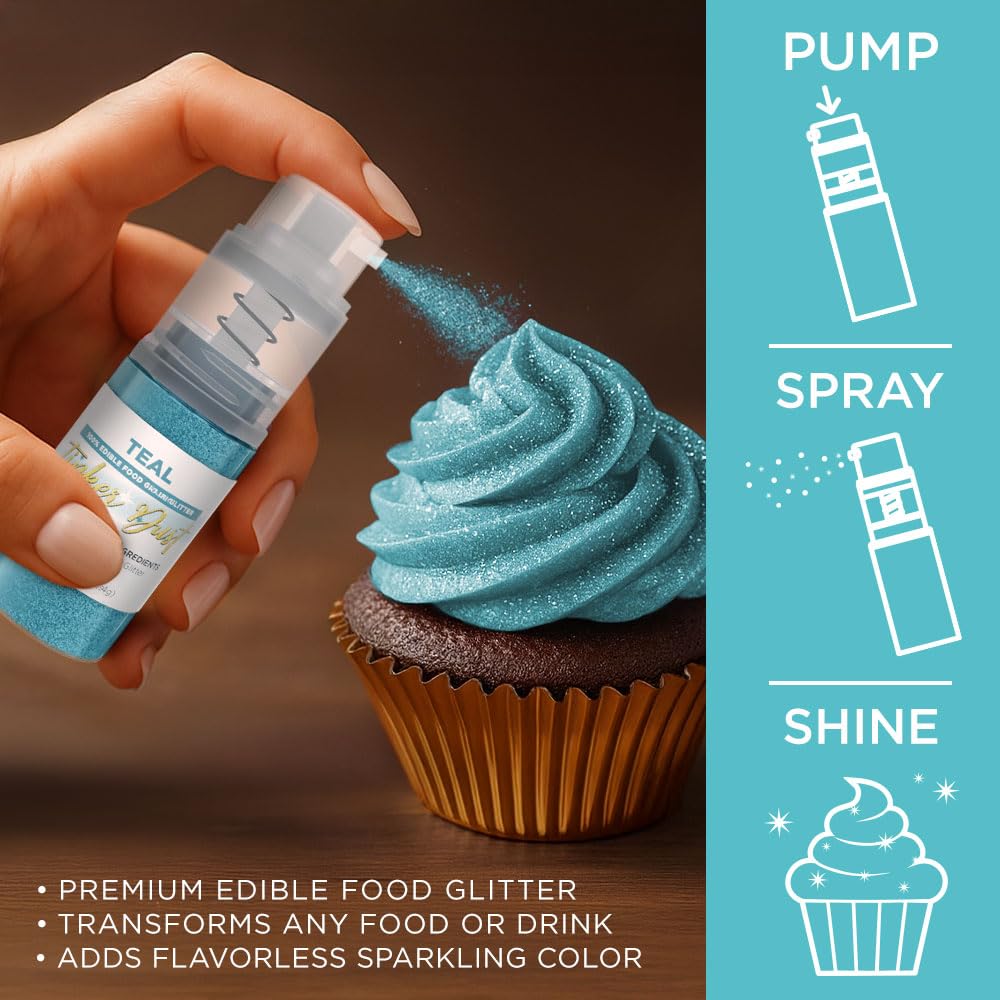 Bakell - Teal Tinker Dust (4g, 1x Mini Spray Pump) Edible Glitter for Food, Desserts, and Baked goods!