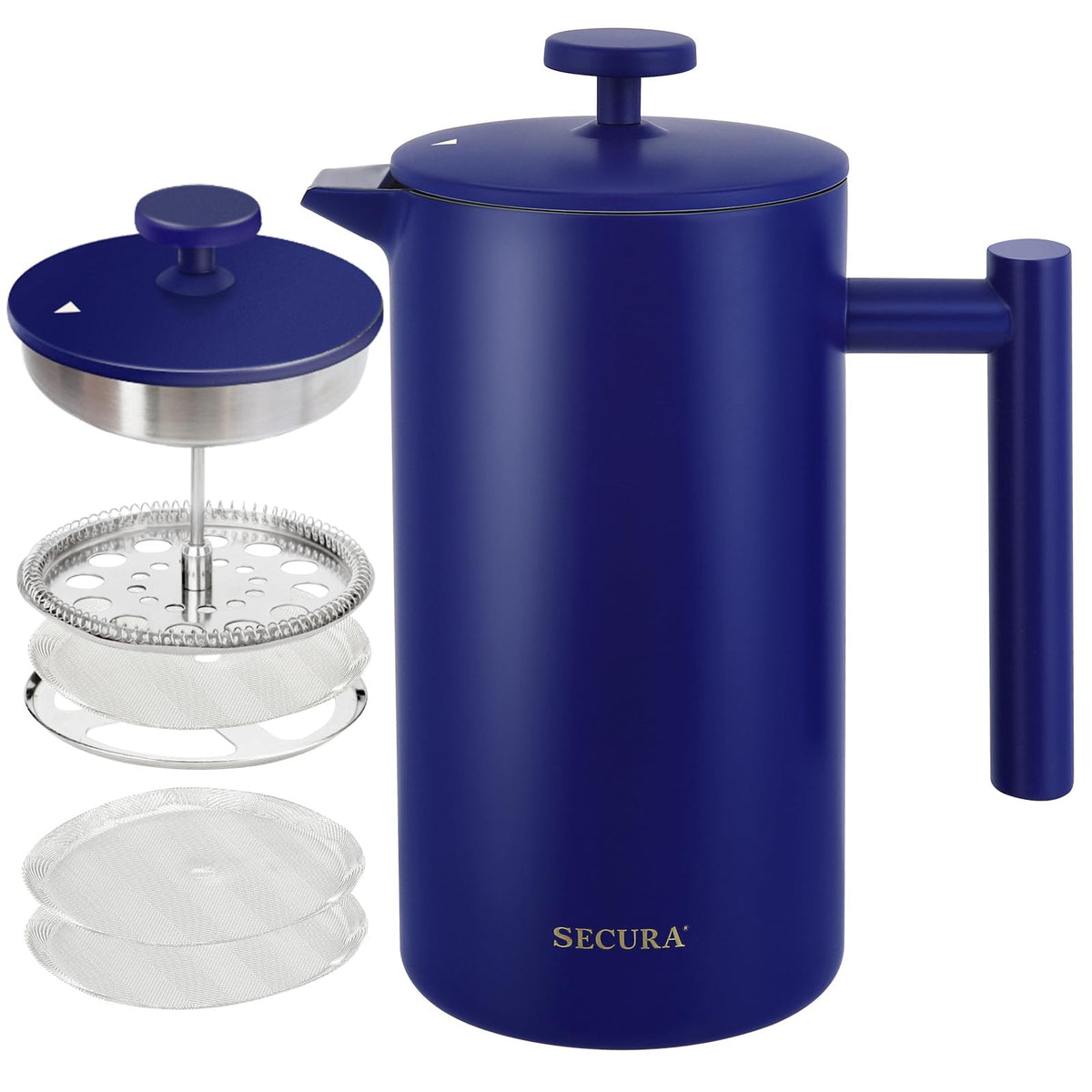 Secura French Press Coffee Maker, 304 Grade Stainless Steel Insulated Coffee Press with 2 Extra Screens, 12oz (0.35 Litre), Silver