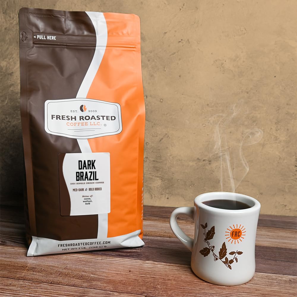 Fresh Roasted Coffee, Dark Brazil Drip Ground Coffee, Med-Dark Roast, Kosher, 5 lb (80 oz)
