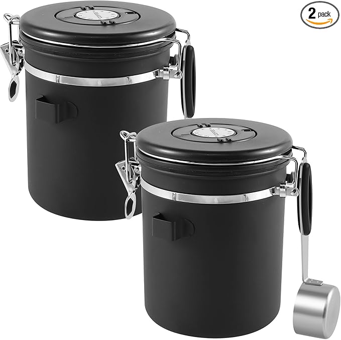 2Pcs Coffee Storage Canister 1.5L Double Airtight Coffee Beans Container with Date Locator 304 Stainless Steel Kitchen Food Storage Container with Spoon for Tea Sugar,Black (2)
