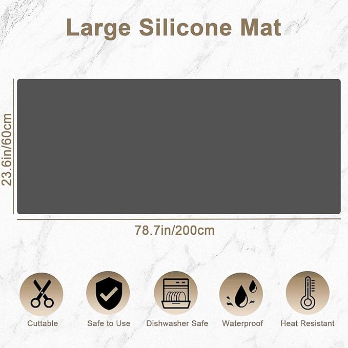 78.7"x23.6"(200cmx60cm) Large Silicone Mat for Kitchen Counter, Heat Resistant Non-Slip Countertop Protector, Waterproof Silicone Craft Mat for Kitchen Island, Dark Gray