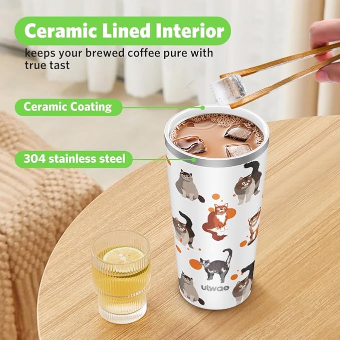 Insulated Coffee Mug with Ceramic Coating, 18oz Travel Mug with Leak-proof Lid, Vacuum Double-wall Tumbler, Stainless Steel Thermal Cup for Tea, Hot Cocoa, Cold Beverage, Ice Drinks