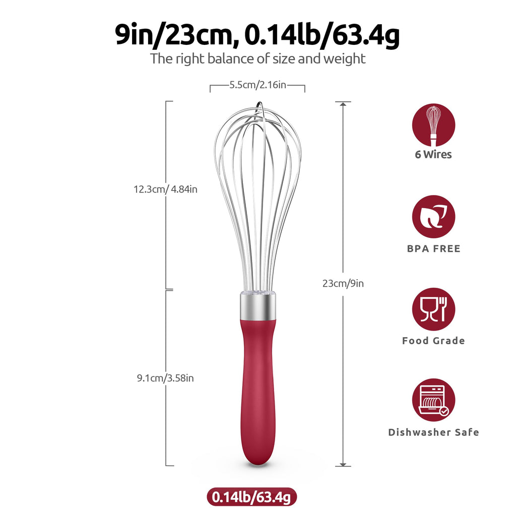 U-Taste Wire Whisk for Cooking, 18/10 Stainless Steel Balloon Wisk, S/Red