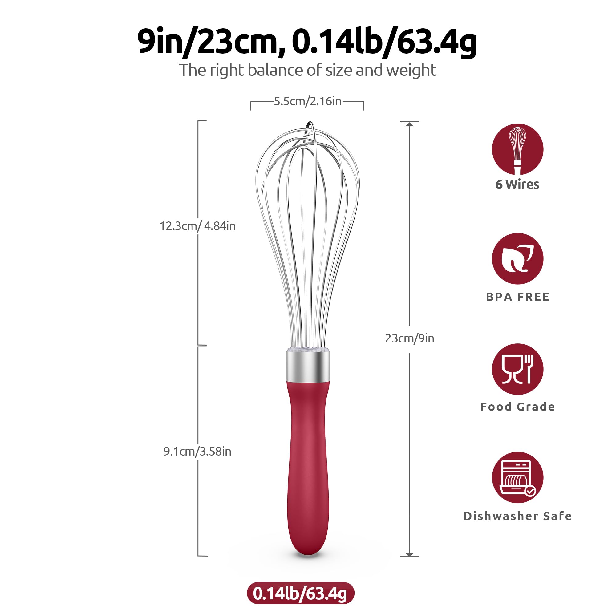 U-Taste Wire Whisk for Cooking, 18/10 Stainless Steel Balloon Wisk, S/Red