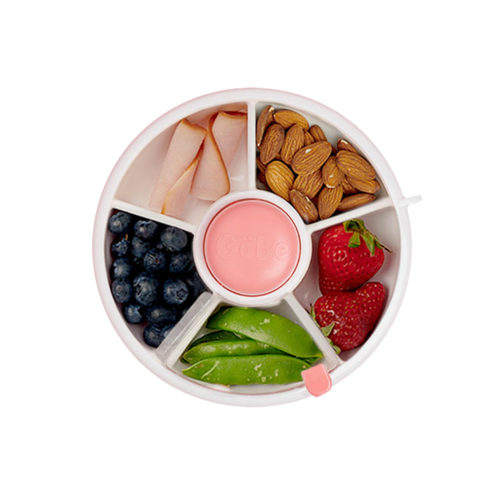 GoBe Kids Small Snack Spinner Flip Bundle with Hand Strap and Sticker Sheet - Reusable Snack Container with 5 Compartment Dispenser and Lid | BPA/PVC Free | Dishwasher Safe | No Spill - Coral Pink