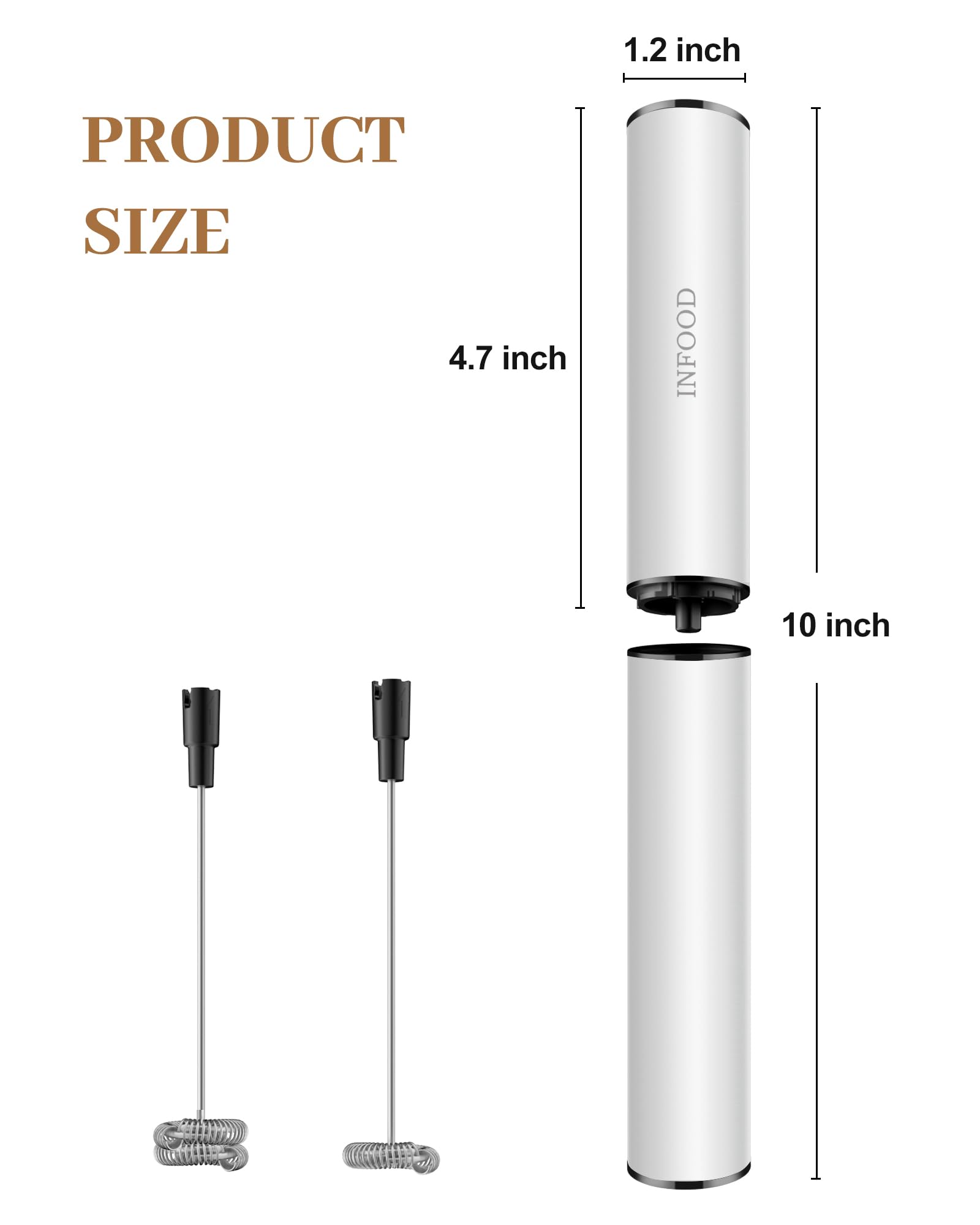 INFOOD Rechargeable Milk Frother with Cover, 2-Speed, 2 Whisks, White