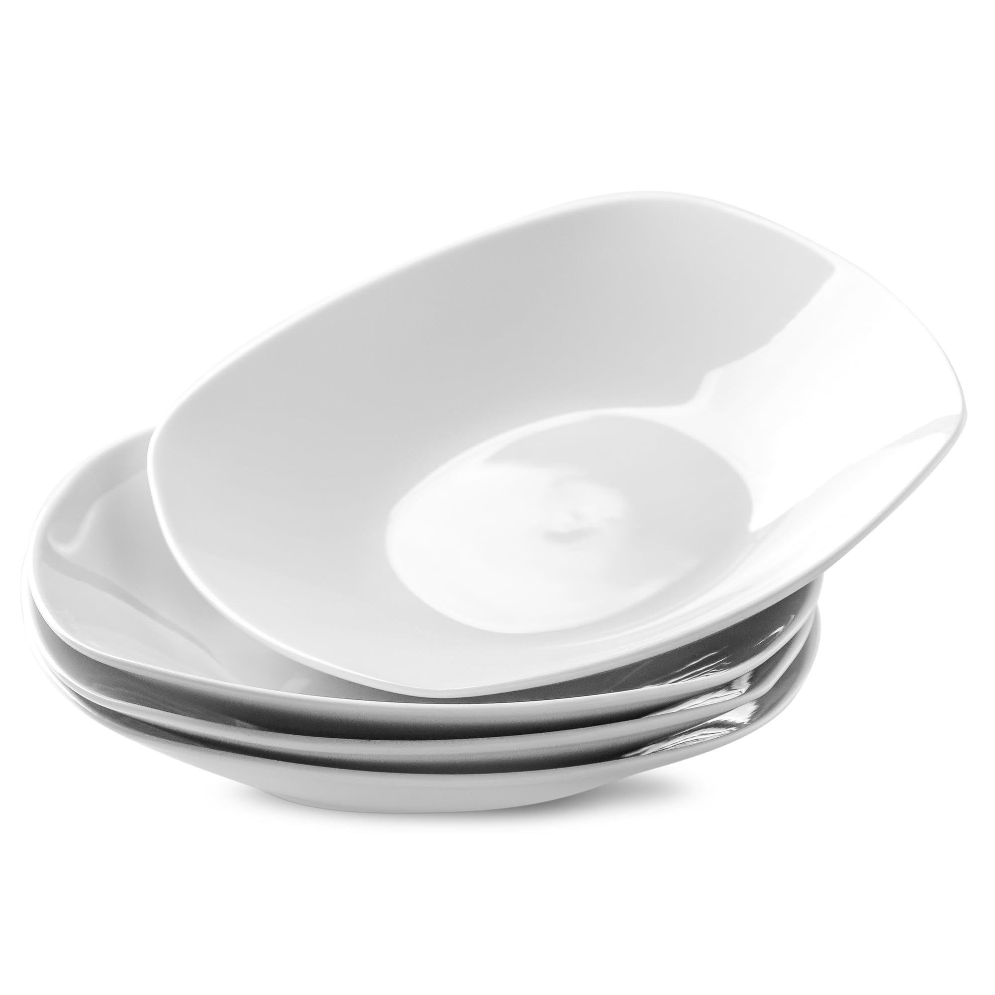 fMBB Ceramic Large Soup Bowls, 8.6 Inches, Modern 4-Piece Deep Salad Plates Set, Porcelain Square Plates, for Fruit, Cereal, Dessert, Snack - White