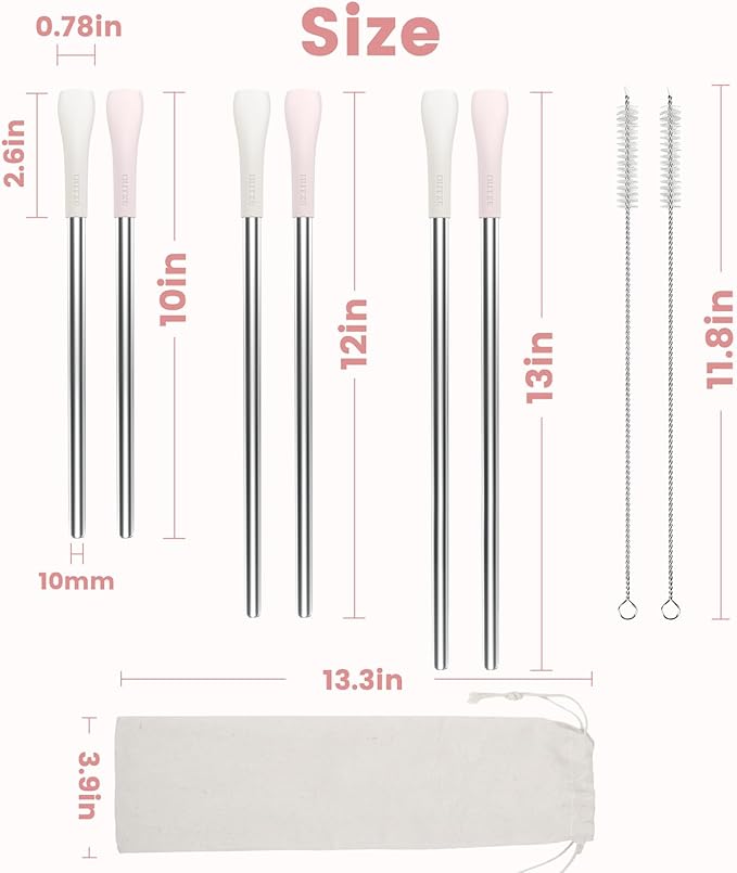 OUTXE Anti Wrinkle Straw 6 Pcs, Flat Wide Drinking Straw for Stanley Cup 40 oz 30 oz, Reusable Wrinkle Free Long Stainless Steel Metal Straw for Lip with Cleaning Brush and Carrying Bag