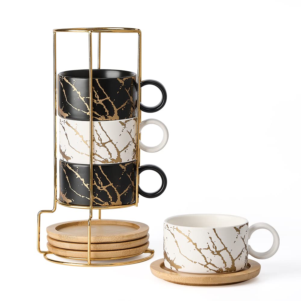 LUKA Porcelain Espresso Cup with Metal Stand,6 Ounce Stackable Ceramic Demitasse Espresso Mugs Cappuccino Cups Set for Latte,Coffee,Cafe Mocha,Tea - Set of 4 (Plaid Red & Gray)