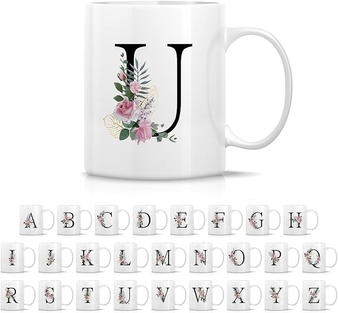 Retreez Initial A-Z Floral Botanical Bouquet Alphabet Monogrammed Monogram Mug 11 Oz Ceramic Tea Coffee Mugs - Appreciation Thank You Wedding Birthday Gifts for her friend coworker sister - U Initial