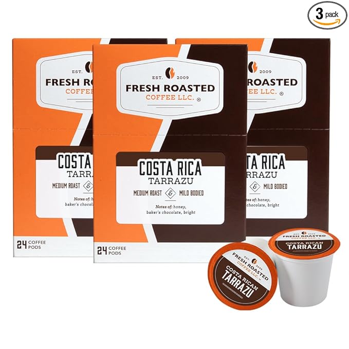 Fresh Roasted Coffee, Costa Rica Tarrazu, Medium Roast, 72 Pods for K Cup Brewers