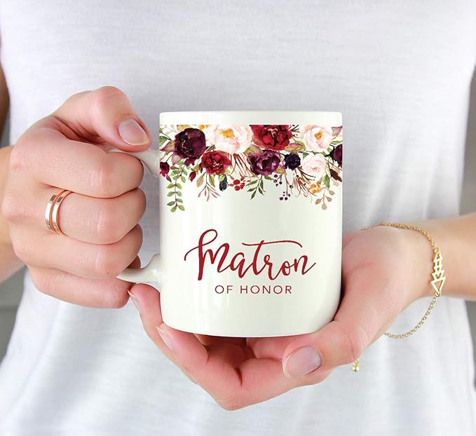 Andaz Press 11oz. Wedding Ceramic Coffee Tea Mug Gift, Fall Autumn Marsala Burgundy Flowers Roses Florals, Matron of Honor, 1-Pack, Includes Gift Box