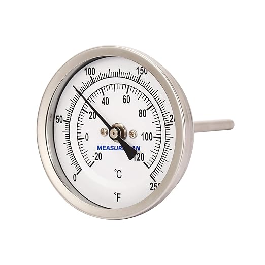 MEASUREMAN Fully Stainless Steel Pot, Kettle, Brewing Bimetal Thermometer, 3" Dial, 4" Stem, 0-250 deg F/-20-120 deg C, -1% Accuracy, Adjustable, 1/2" NPT Back Mount