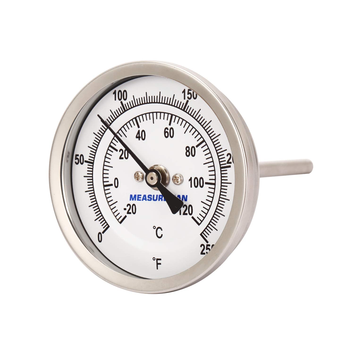 MEASUREMAN Fully Stainless Steel Pot, Kettle, Brewing Bimetal Thermometer, 3" Dial, 4" Stem, 0-250 deg F/-20-120 deg C, -1% Accuracy, Adjustable, 1/2" NPT Back Mount