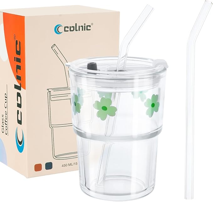 Iced Coffee Cup, 15Oz/450ml Glass Cups With Lids And Straws, Iced Coffee Glasses Tumbler, Thick Wall Glass Mug For Tea Water With 2 Straw, Coffee Tumbler Gifts