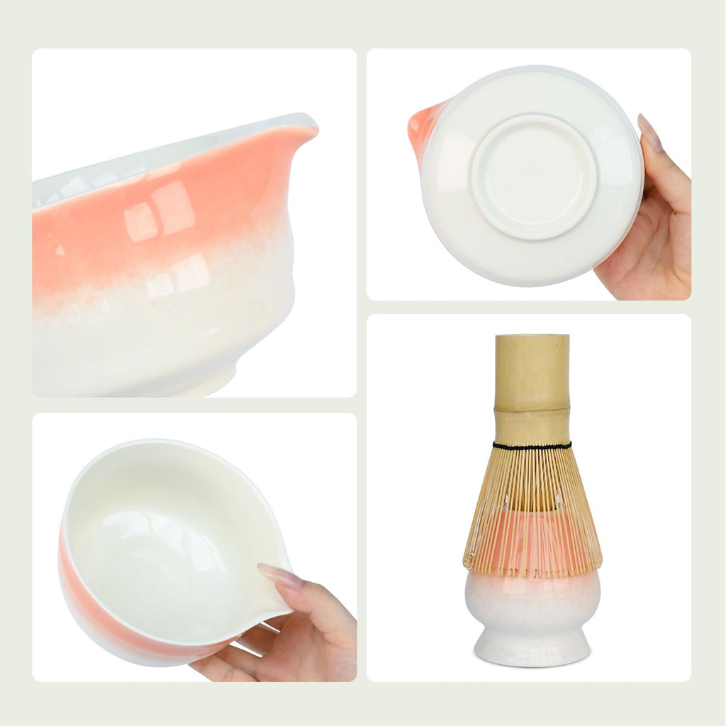 Pink Matcha Whisk Making Set - Japanese Tea Kit with Whisk Bowl and Bamboo Scoop Ceramic Chawan with Spout for Traditional Tea Ceremony Complete Matcha Making Tools Gift for Tea Lovers (Pink, 7 PCS)