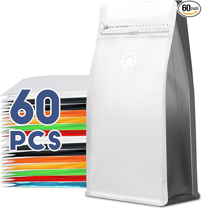 Coffee Bags with Valve(60pcs,16 oz,1 lb) Vented Coffee Beans Packaging Bags High Barrier Aluminumed Foil Flat Bottom Heat Sealed Side Zipper Resealable Storage Bag for Home or Business（White+Gray）