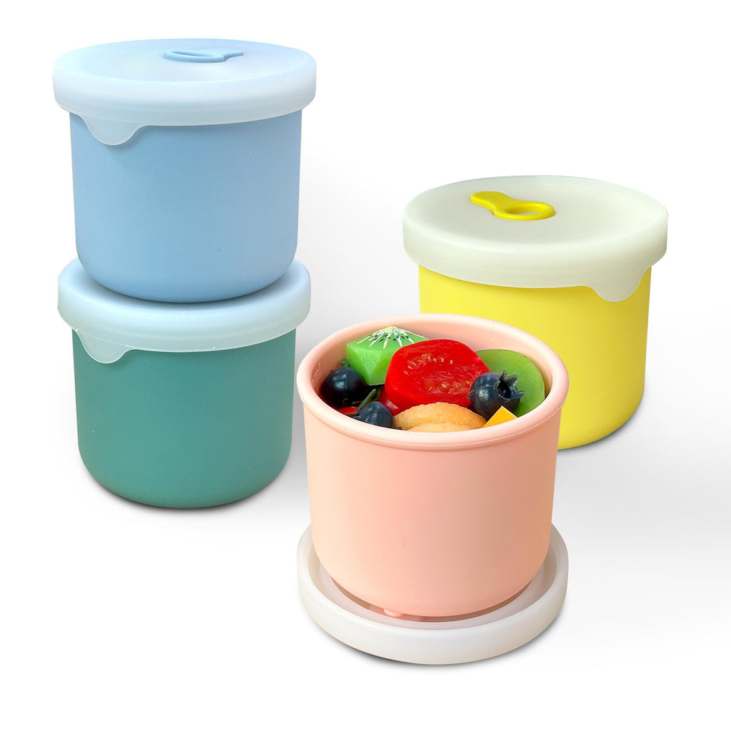 8.5 OZ Silicone Food Storage Containers, Baby Food Storage Jars with Airtight Lids and Snack Cup Lid, Freezer, Microwave and Dishwasher Safe, Reusable Snack Containers for Kids, Infant, Toddler, 4 Pcs