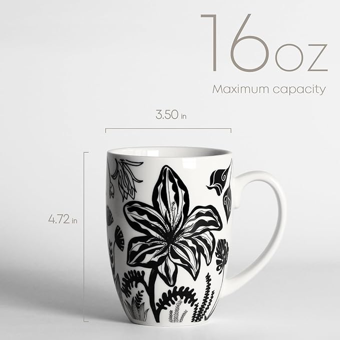 16oz Black and White Boho Floral Mug - Unique Coffee Mugs and Tea Cup, Novelty Ceramic Cups Gifts for Women and Men.
