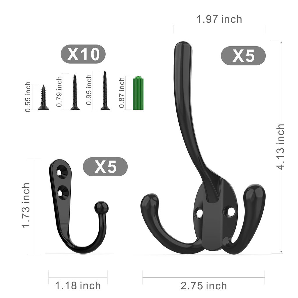 ZAYBOD 10 Pack Heavy Duty Wall Mounted Black Coat Hooks with 30 Screws, mudroom Hooks, Backpack Hooks, Robe Hooks, Hat Hook（Two Types of Hooks + threeTypes of Screws Included）