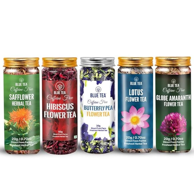BLUE TEA - Flower Tea Combo - 4.93 Oz (Pack of 5) | Safflower, Hibiscus, Butterfly Pea, Lotus, Globe Amaranth | VARIETY PACK | Caffeine Free - Non-Bitter - Herbal Tea - Flower Based - Vegan | Pet Jar Pack