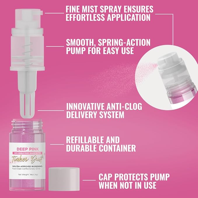 Bakell - Deep Pink Tinker Dust Edible Glitter (4g, 1x Mini Spray Pump) Food, Desserts, and Beverages!