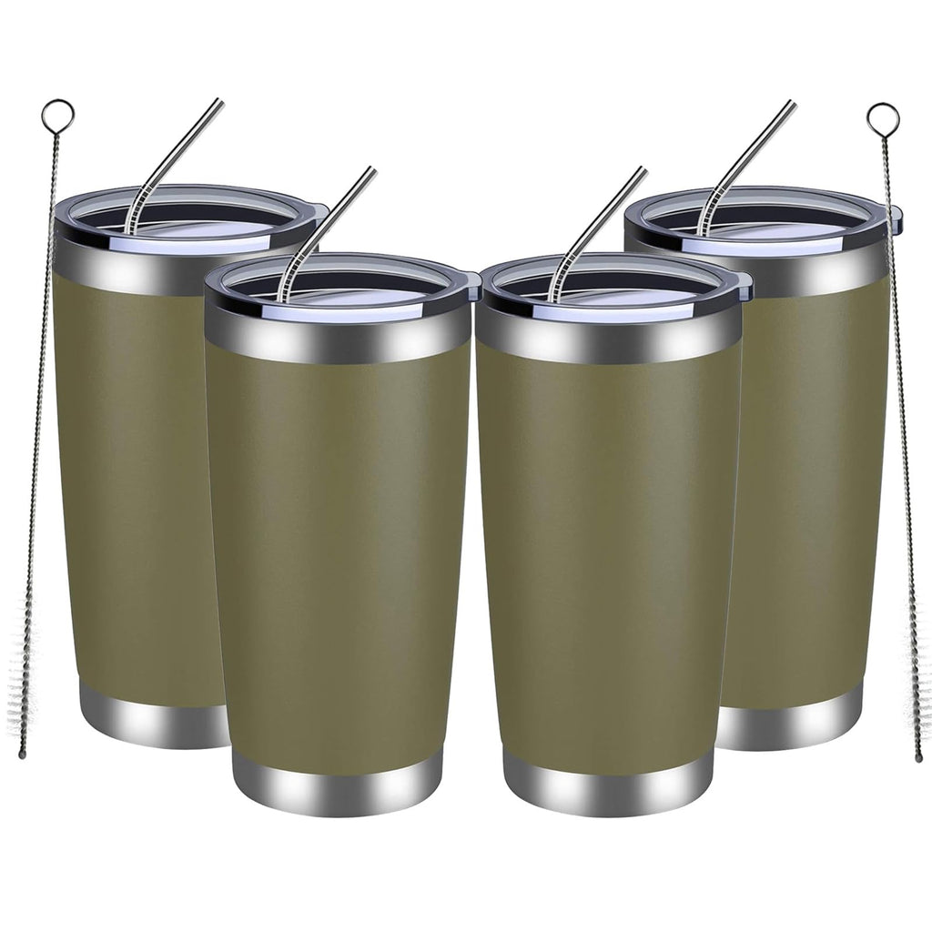 MEWAY 20oz Tumbler 4 Pack Double Wall Vacuum Insulated Travel Mug Bulk, Stainless Steel Tumblers with Lid and Straw, Durable Powder Coated Coffee Cups for Cold & Hot Drinks (Army Green, 4)