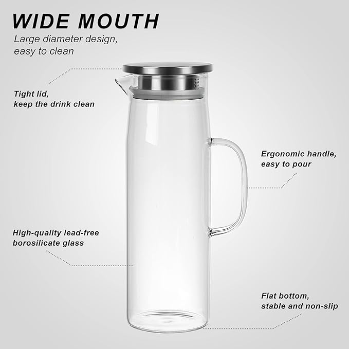 Joeyan 1.5 Liter 51oz Glass Pitcher with Lid, Fridge Door Glass Water Jug, Easy Clean Heat Resistant Water Carafe for Hot and Cold Beverages,Coffee, Iced Tea & Juice, Including Long-Handled Brush