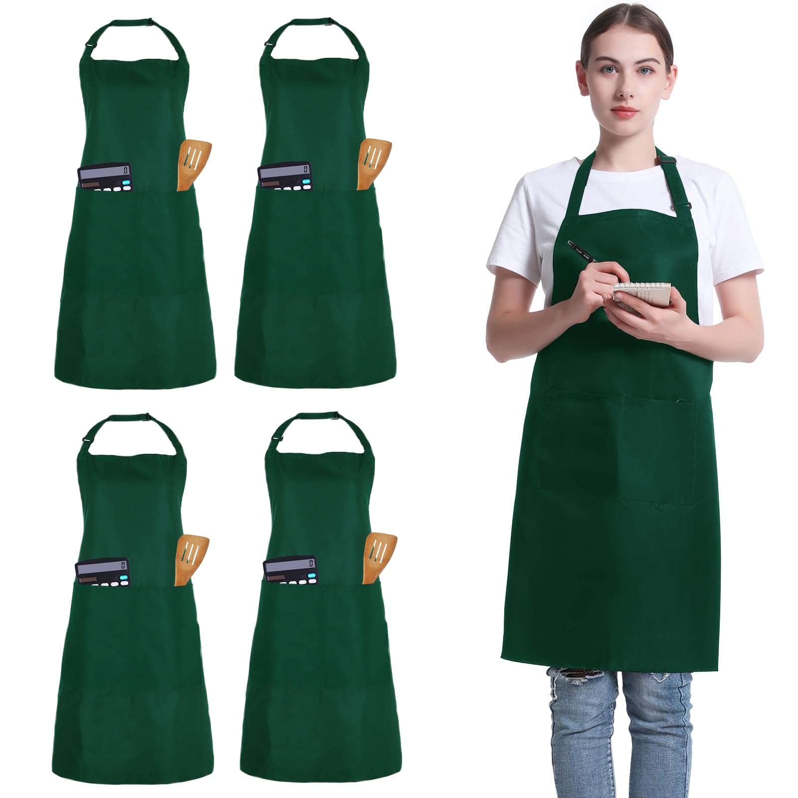 FunChaos 4 Pack Chef Apron, Adjustable Apron with 2 Pockets, Unisex Personalised Apron for Cooking, Kitchen, Restaurant (Green)