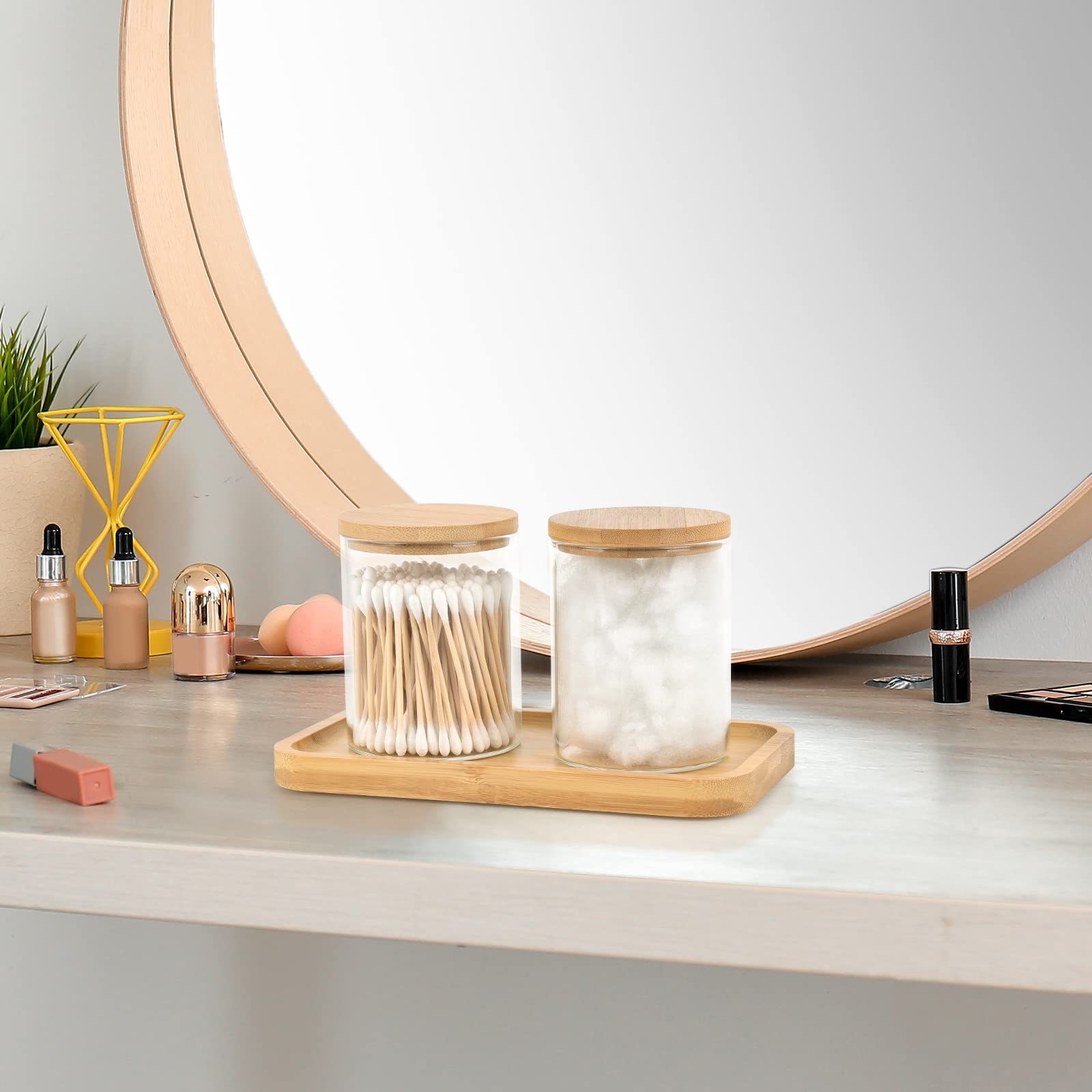 BKYFPQ Glass Qtip Holder Dispenser with Bamboo Vanity Tray