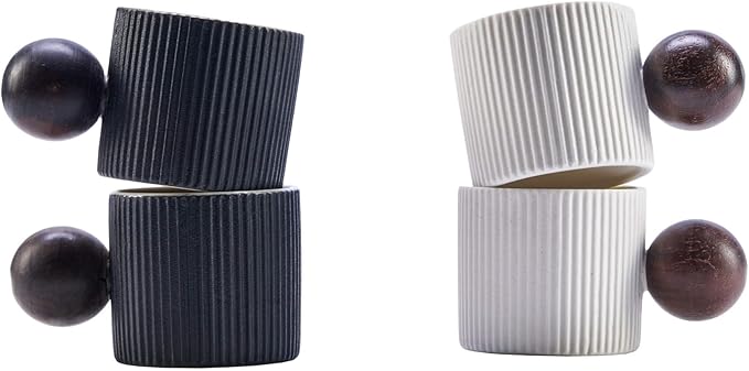 Ceramic Mini Espresso Cups Demitasse Cups with Round Wooden Handle Vertical Stripes Tea Cups (Black/White, 4pcs)