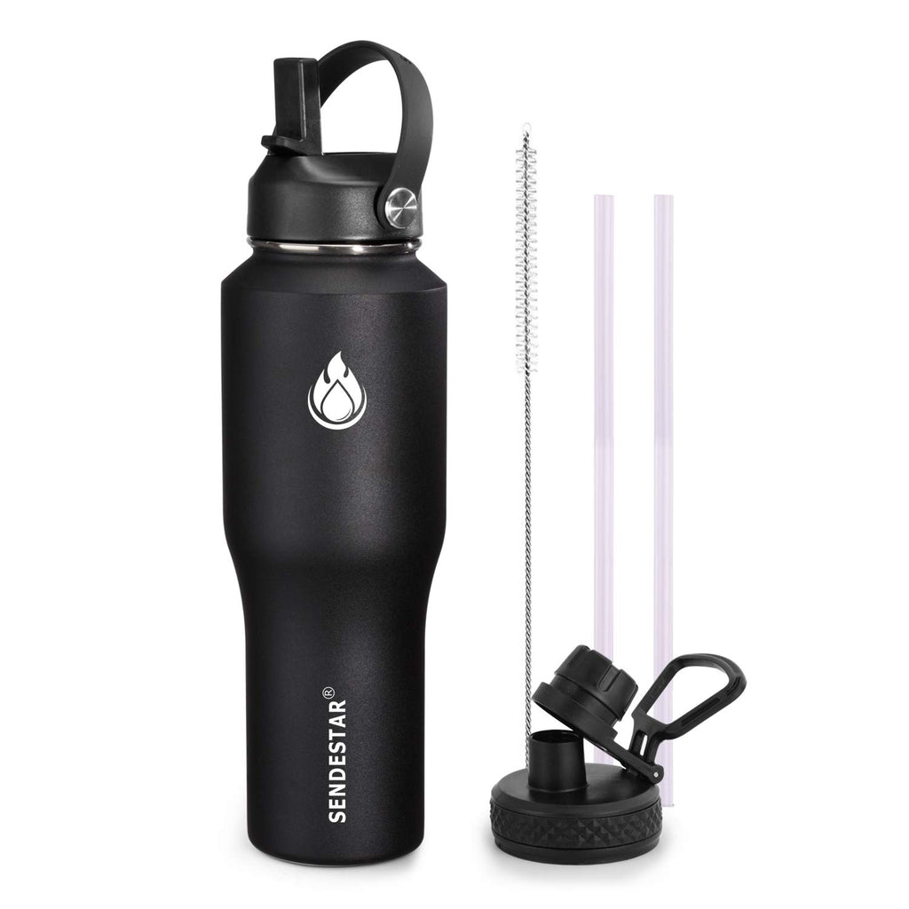 SENDESTAR Water Bottle 32oz,2 Lids(Straw lid),Wide Mouth Stainless Steel Vacuum Insulated Double Wall Keep Liquids Cold or Hot All Day,Sweat Proof Sport Design,Fit Car Cup Holder(Black)