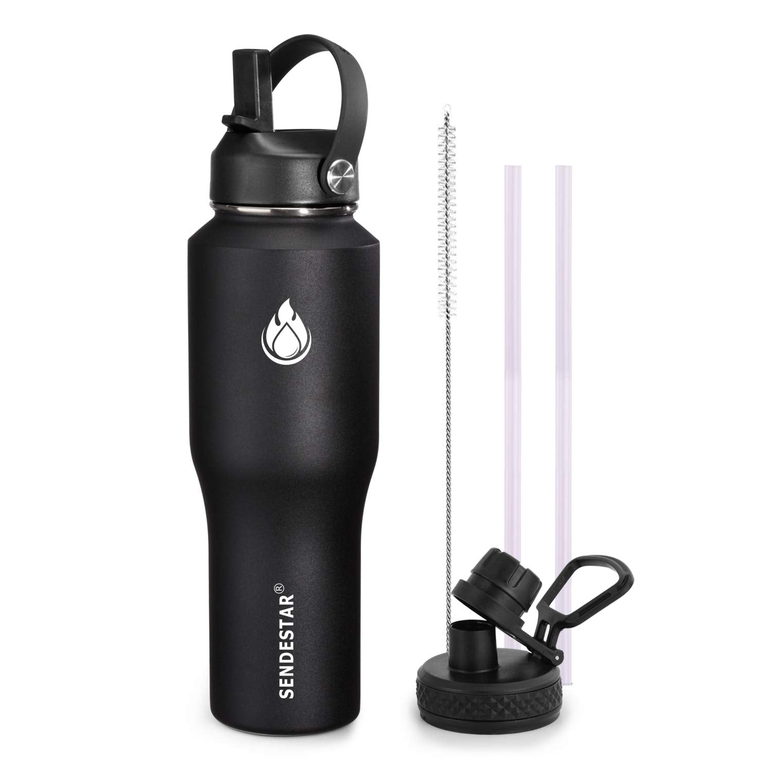 SENDESTAR Water Bottle 32oz,2 Lids(Straw lid),Wide Mouth Stainless Steel Vacuum Insulated Double Wall Keep Liquids Cold or Hot All Day,Sweat Proof Sport Design,Fit Car Cup Holder(Black)