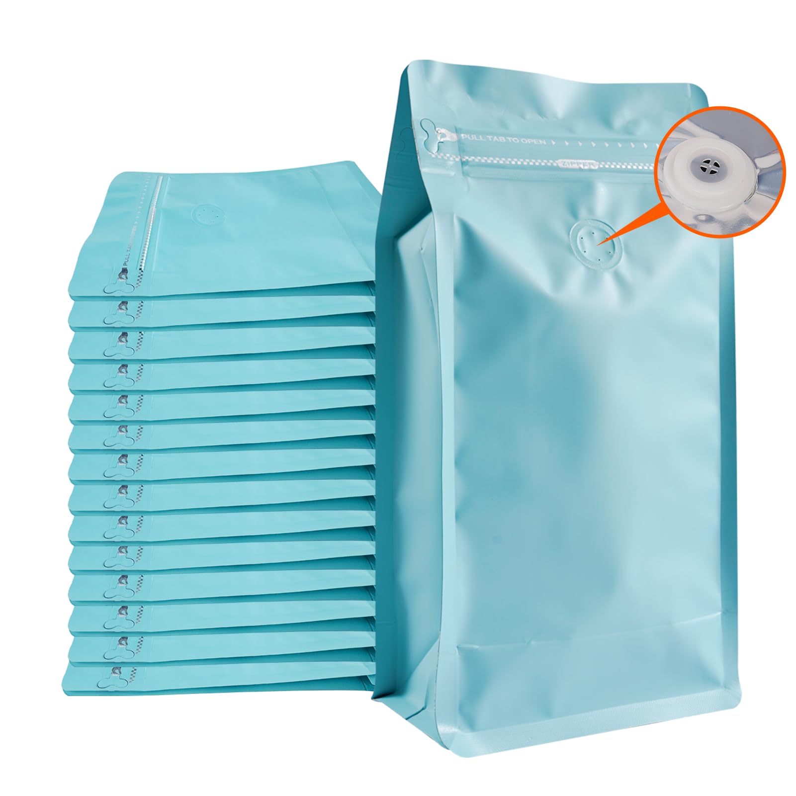Coffee Bags with Valve (50 PCS,16oz/1lb) Blue High Barrier Aluminum Foil Flat Bottom Standing Coffee Beans Storage Packaging Bags, Reusable Heat Seal Side Zipper Pouches for Small Business and Home