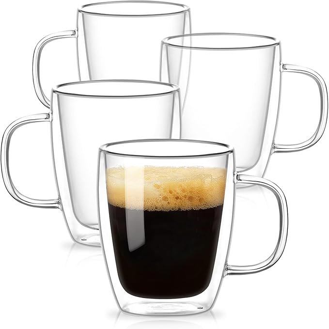 OJA Double Walled Glass Coffee Mugs 12.5oz Hand Blown Clear Coffee Cups Set of 4, Heat Resistant for Cappuccino, Tea, Latte, Espresso, Americano Insulated Borosilicate Glass with Handle