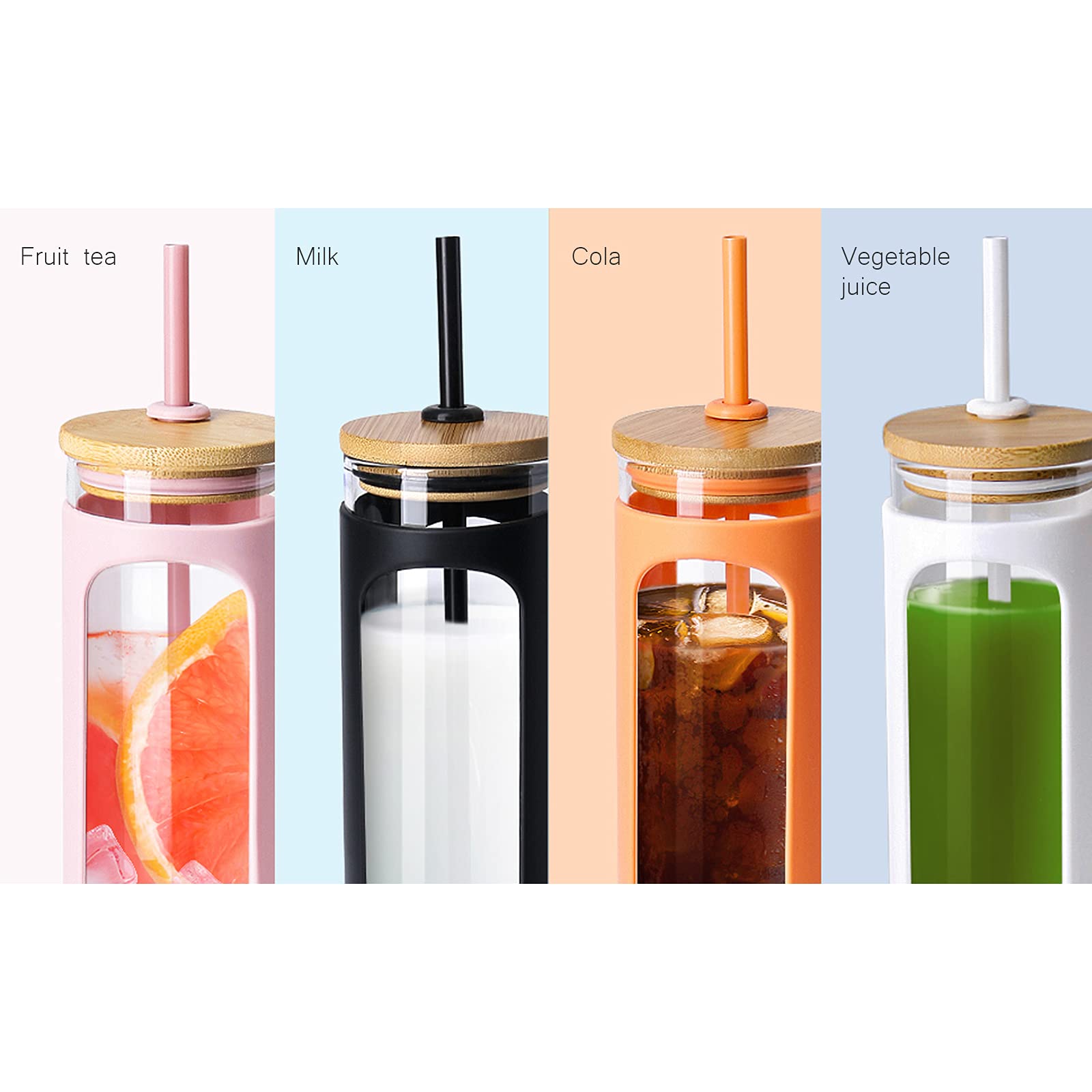 Kodrine 20oz Glass Water Tumbler with Straw and Lid, Bamboo Lids Water Bottle, Iced Coffee Cup Reusable, Wide Mouth Smoothie Cups with Protective Silicone Sleeve BPA FREE-White