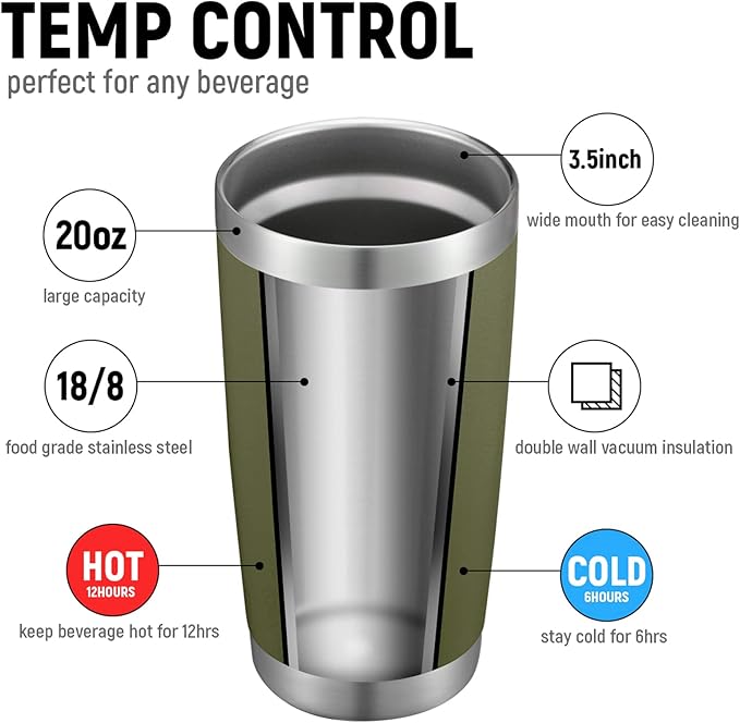 COMOOO 20oz Double Wall Vacuum Insulated Travel Mug, Stainless Steel Tumbler with Lid and Straw Durable Powder Coated Insulated Coffee Cup for Cold & Hot Drinks（Army Green, 6 Pack）