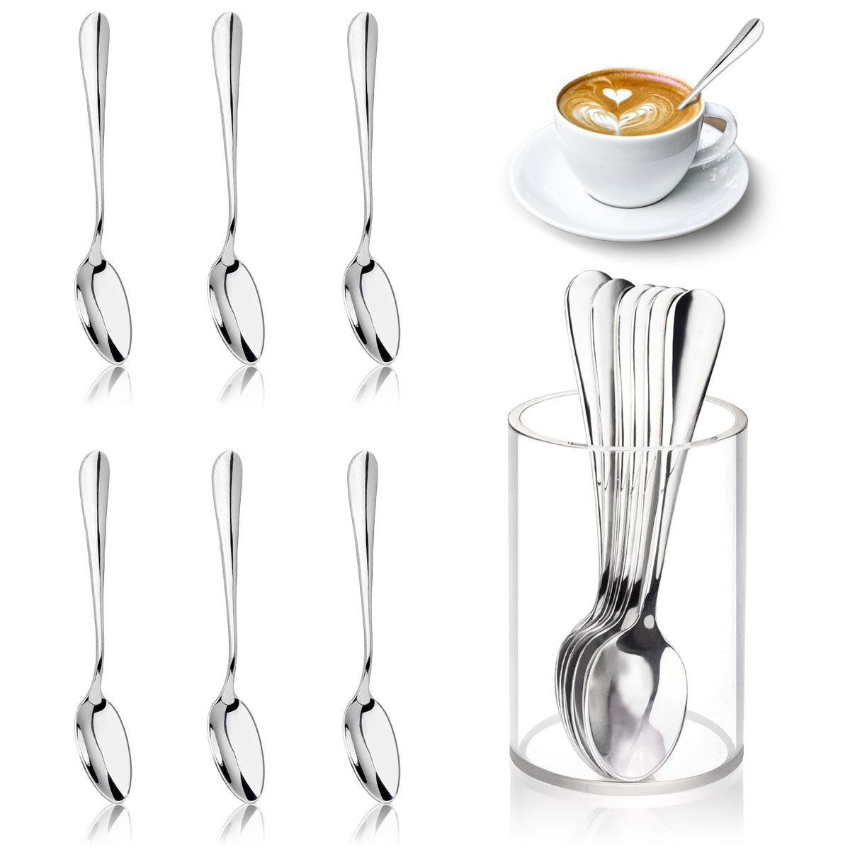12 Pcs Mini Coffee Spoons with Holder 4.7 inch Demitasse Espresso Stainless Steel Spoon Tea Spoons set of 6 with Acrylic Cylinder Holder Small Coffee Spoon Silver for Cafe Bar Tea Party Home
